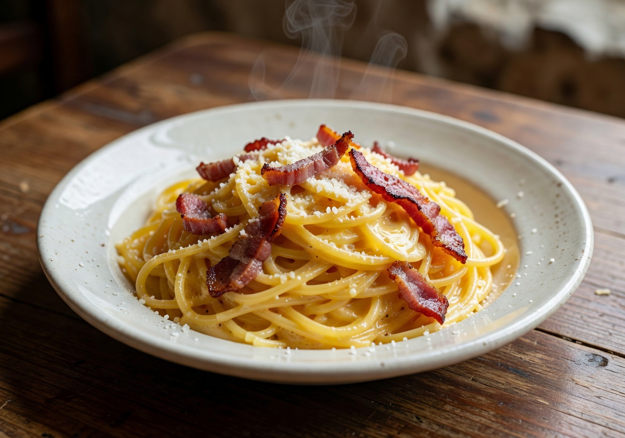 Classic Italian Pasta Carbonara with guanciale and pecorino cheese