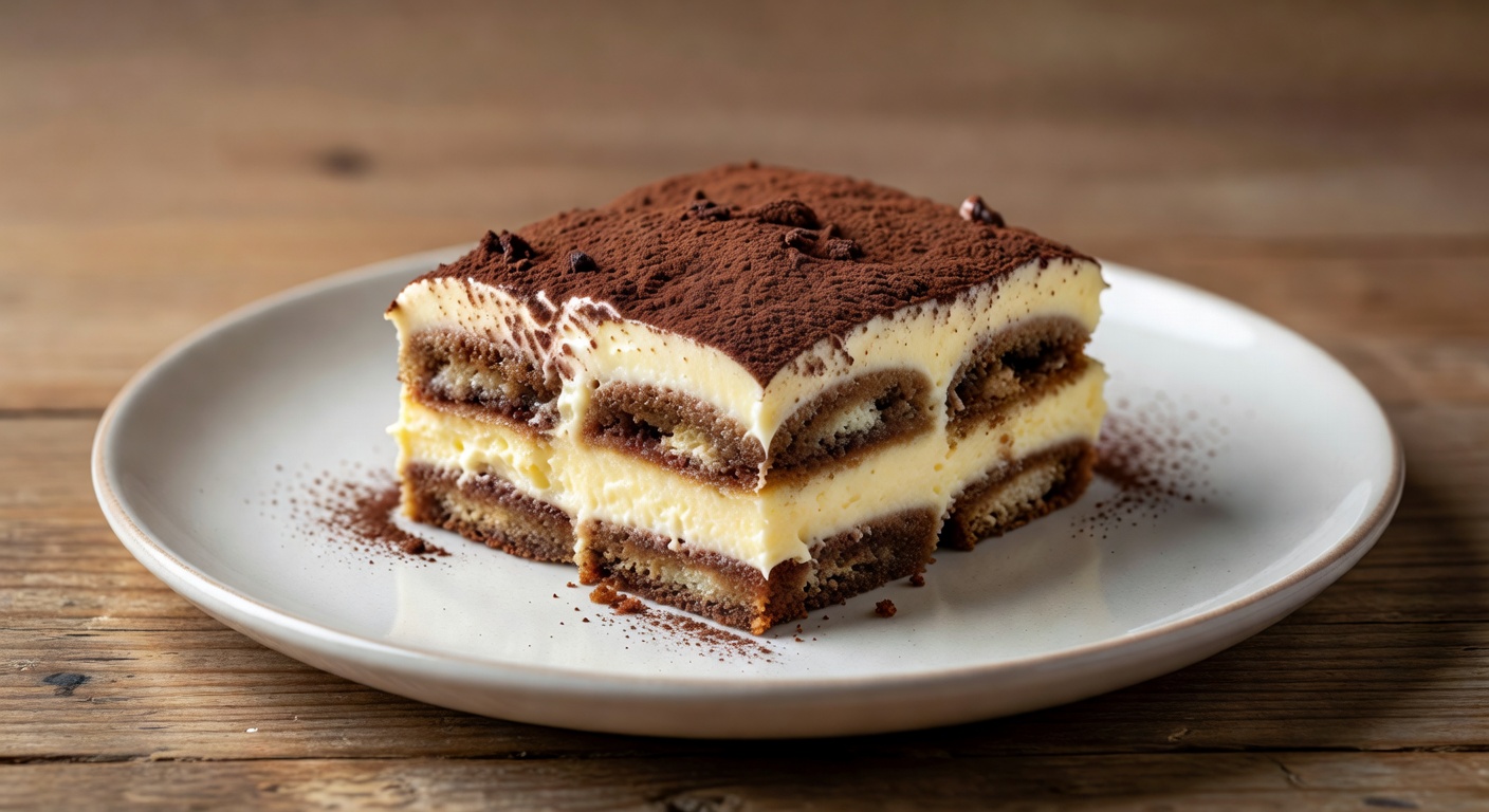 Delicious slice of Italian Tiramisu dusted with cocoa powder