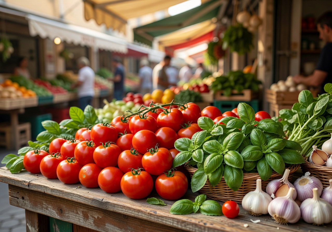 Fresh tomatoes, basil, and garlic at an Italian local market
