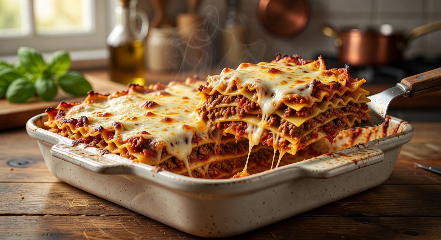 Freshly baked homemade Lasagna alla Bolognese