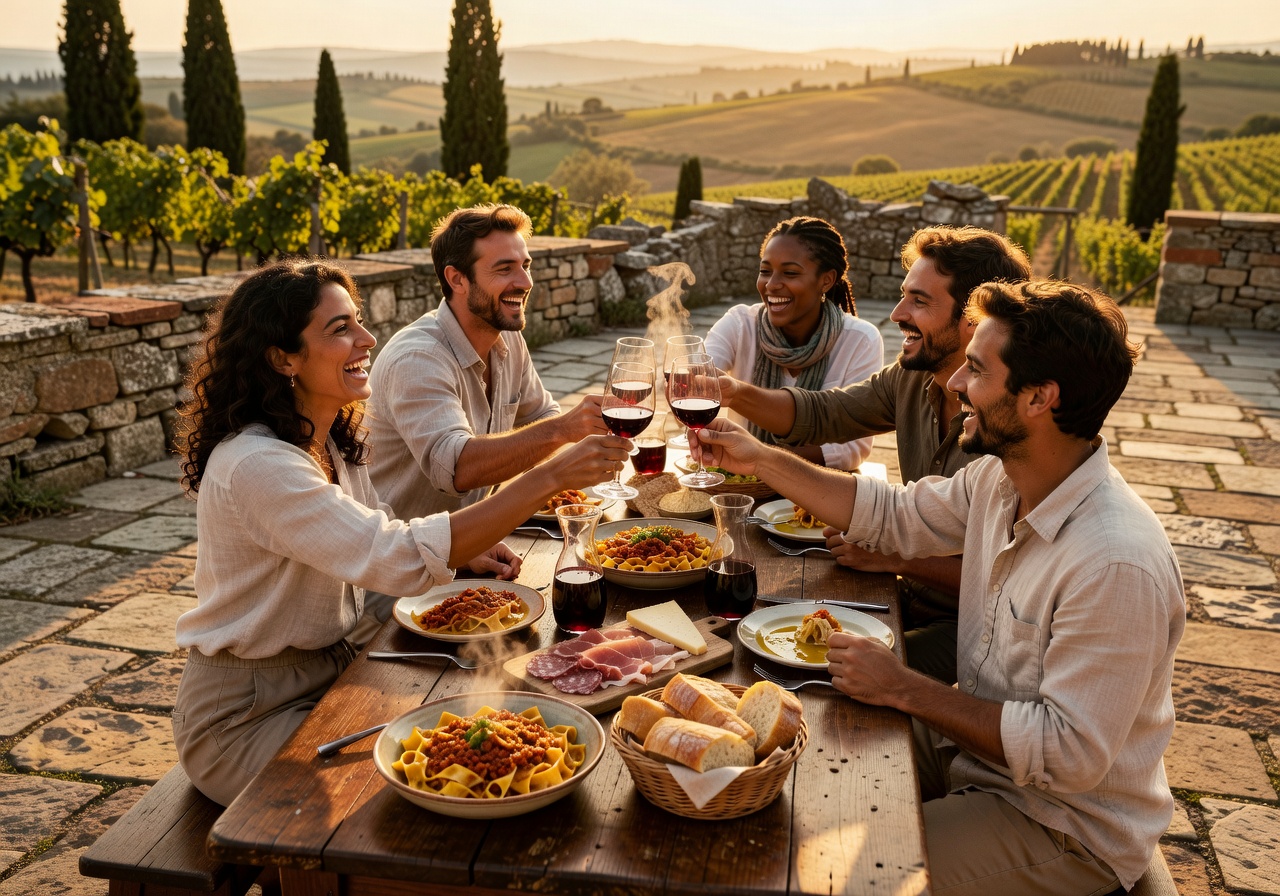 Italian dining table with friends sharing pasta and wine