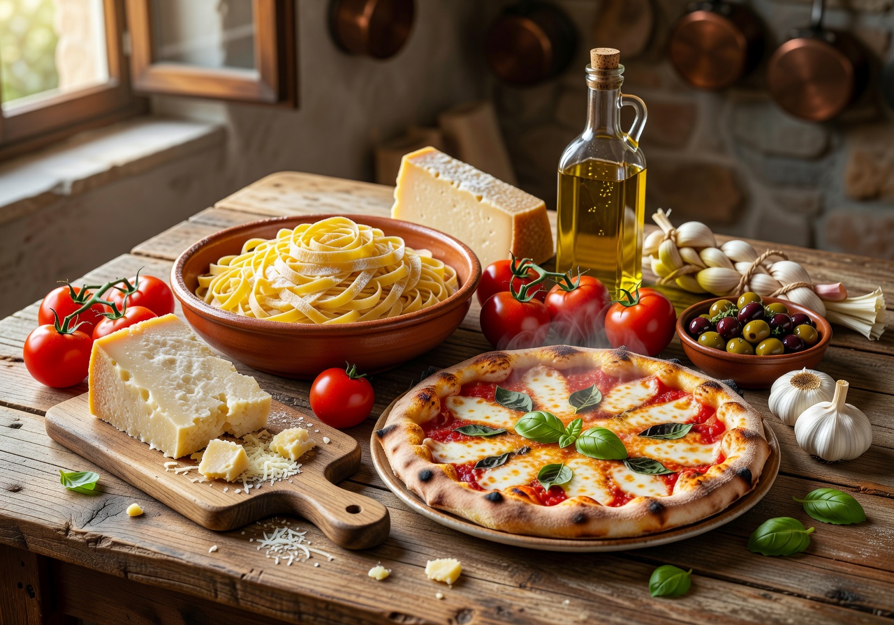 Various Italian ingredients and dishes on a rustic table